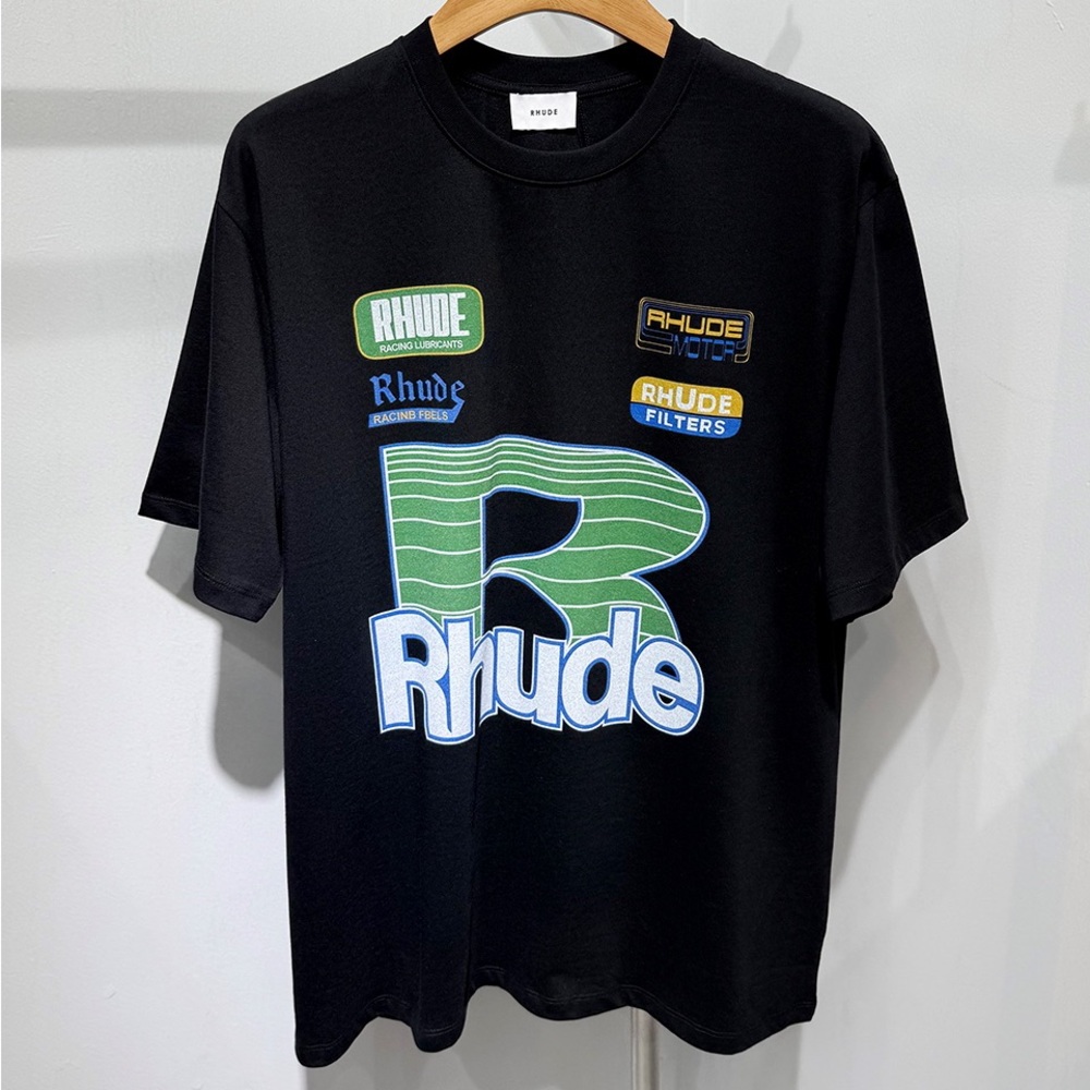 Rhude Black Short-Sleeve Logo Tee with Green Graphic